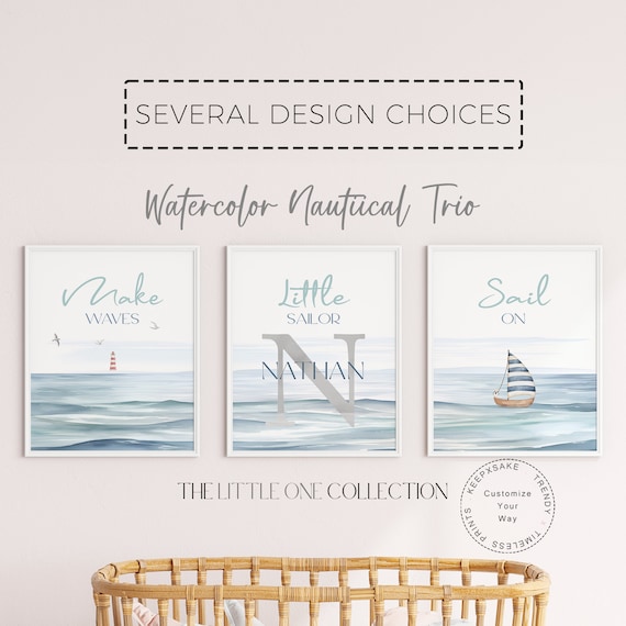 Set of 3 Prints Nautical Nursery Prints | Baby Boy Nursery Decor Personalized with Name | Ocean Sailboat Theme Nursery | Blue Green Nursery