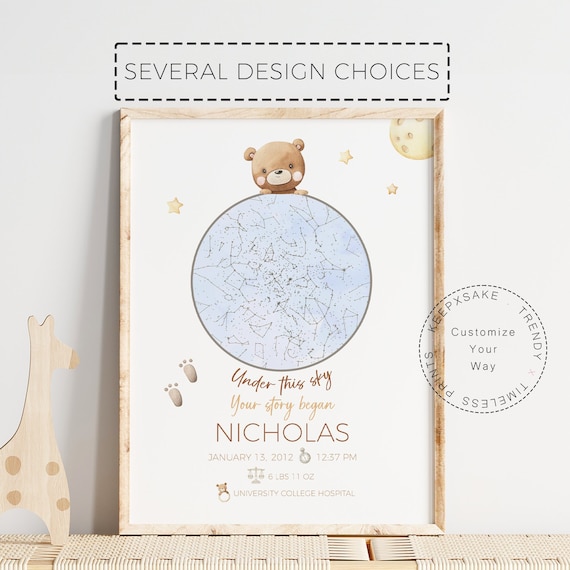 Teddy Bear Star Map New Baby Gift | Baby Personalized Gift | Night You Were Born Canvas |Newborn Sky Nursery Print |Teddy Bear Nursery Decor