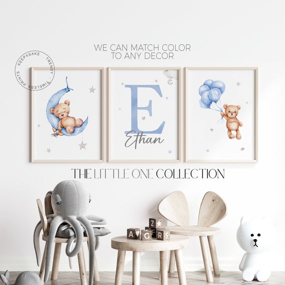Set of 3 Teddy Bear Print | Personalized Name Print | Bear Nursery Decor | Baby Boy Print | Light Blue Nursery Poster |Balloon Nursery Decor
