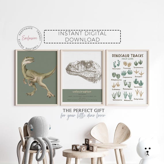 Dinosaur Bedroom Wall Art | Set of 3 Boys Bedroom Dino Decor | Velociraptor Poster Prints | Dinosaur Printable Wall Art |  Dino Tracks Print