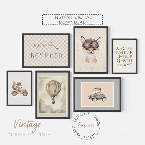 Transportation Animals Gallery Wall Print Set of 6 | Vintage Hot Air Balloon Nursery | Alphabet Print | Sage Green Brown Long Live Boyhood
