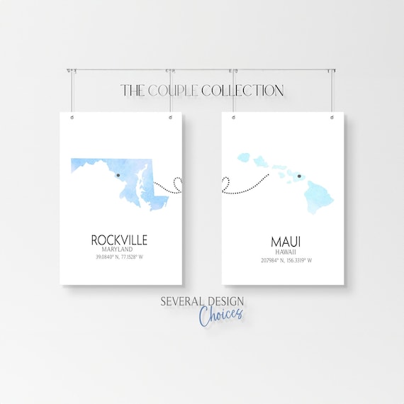 Custom State and City Prints | Set of 2 Any Location Couple Print | City Location Print | State Map Print | Watercolor Map Coordinates Print