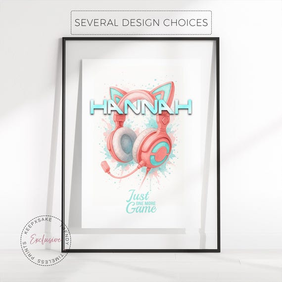 Personalized Gamer Girl Print • Cat Ear Headphones, Custom Name (Digital Download)
