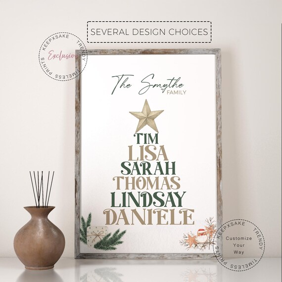 Custom Family Name Christmas Tree Print • Holiday Wall Art • Personalized Xmas Decor • Add Pets • 3 Color Options • Modern Printable