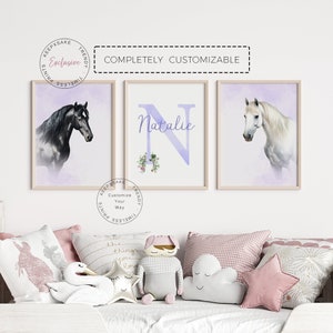 Floral Horse Wall Art | Horse Prints, Personalized | Horse Bedroom Print, Set of 3 | Horse Decor | Horse Nursery Decor | Printable Wall Art