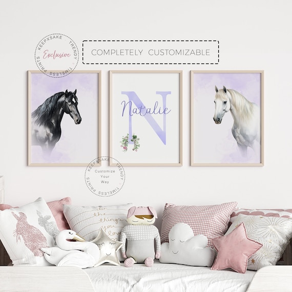 Floral Horse Wall Art | Horse Prints, Personalized | Horse Bedroom Print, Set of 3 | Horse Decor | Horse Nursery Decor | Printable Wall Art