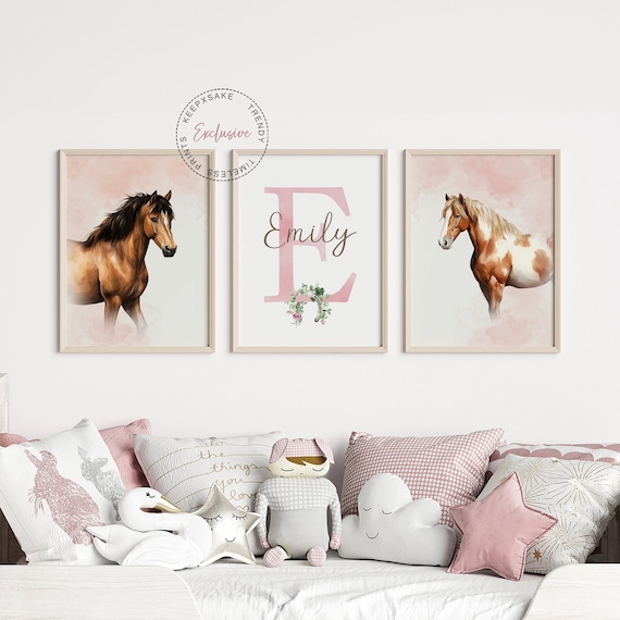 Horse Nursery Wall Art |Horse Prints, Personalized |Girl Bedroom Prints |Buckskin Horse Posters, Set of 3 |Printable Wall Art |Horse Bedroom