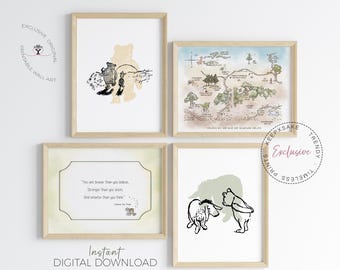 May include: Four framed prints featuring Winnie the Pooh characters and quotes. The top left print shows Pooh and Piglet, the top right a map, the bottom left a quote, and the bottom right Pooh and Eeyore. The text "THE POOH COLLECTION" is at the top.