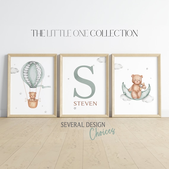 Set of 3 Teddy Bear Print | Personalized Bear Nursery Decor | Baby Boys Print | Hot Air Balloon Decor | Sage Green Brown Nursery Poster