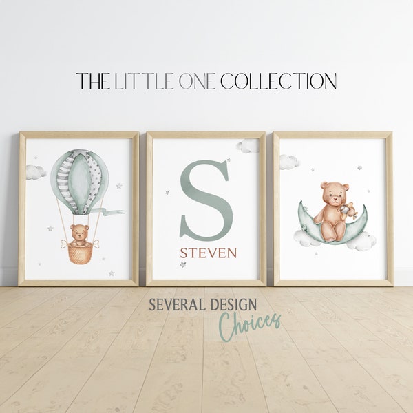 Set of 3 Teddy Bear Print | Personalized Bear Nursery Decor | Baby Boys Print | Hot Air Balloon Decor | Sage Green Brown Nursery Poster