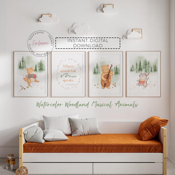 Musical Animal Nursery Prints |Gender Neutral Forest Nursery Decor |Woodland Animals Playing Instruments Printable Wall Art |Music Quote Art