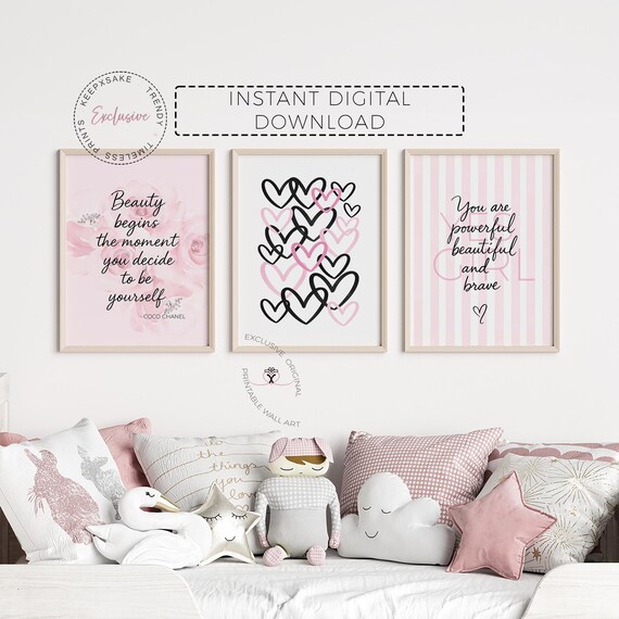 Teen Girl Room Wall Art Set of 3 | Blush Pink Hearts Printable Art | Fashion Quotes Decor for Girls & Teens