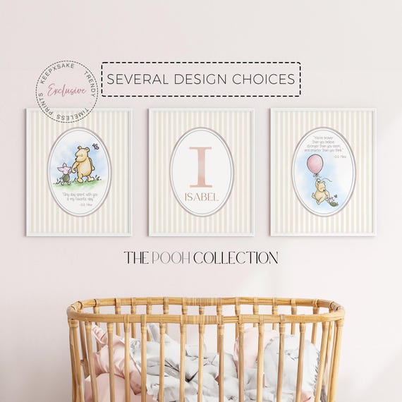 Classic Winnie The Pooh Nursery Quote Prints | Vintage Pooh Decor | Baby Name Initial Wall Art  | New Baby Custom Gift | Pooh Baby Shower