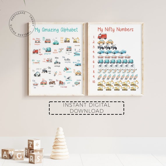 Transport Alphabet and Number Prints, Set of 2 | Vehicles ABC Print | Learning  Educational Poster | Boys Playroom Poster | Digital Download