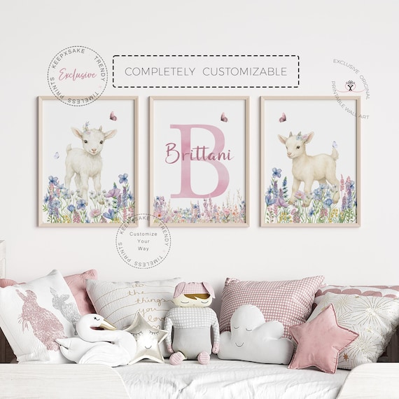 Baby Goat Nursery Wall Art Set • Wildflower Farm Animal Print • Personalized Name Initial Print for Girls • Pastel Floral Nursery Decor