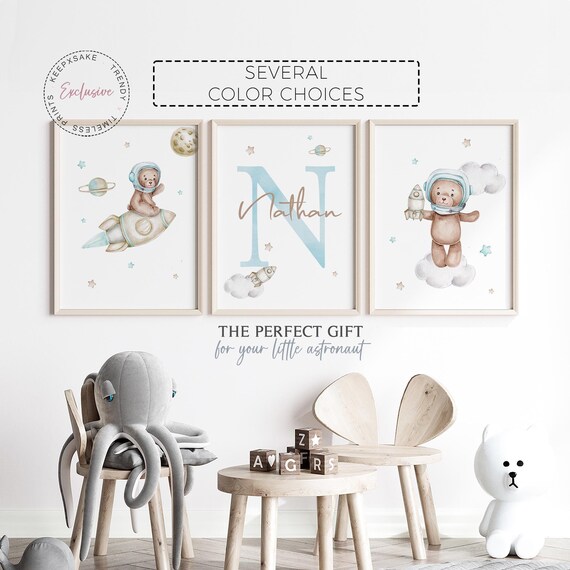 Astronaut Teddy Bear Nursery Prints | Space Nursery | Personalized Space Teddy Nursery Wall Art  | Neutral Teddy Stars Rocket Space Decor