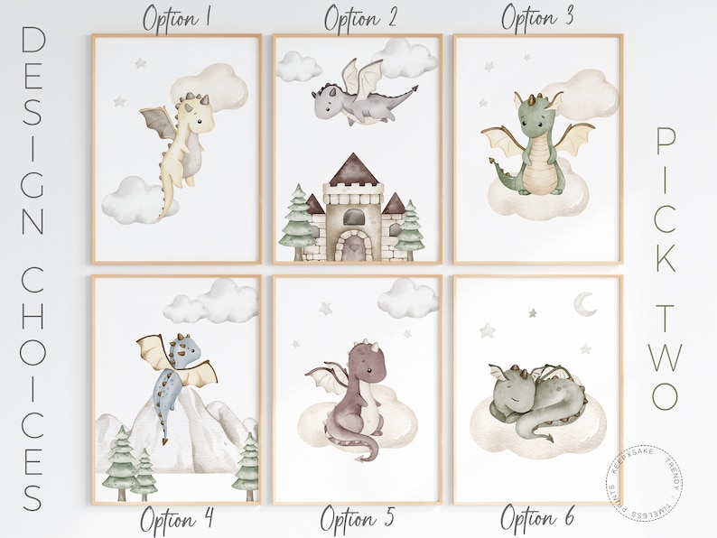 Watercolor Baby Dragon Nursery Prints | Personalized Name Art (set of 3 ...