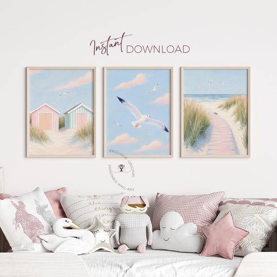 Coastal Nursery Wall Art Set of 3, Beach Printable Decor for Girls Room, Pastel Seaside Prints, Ocean Seagulls Bedroom Decor