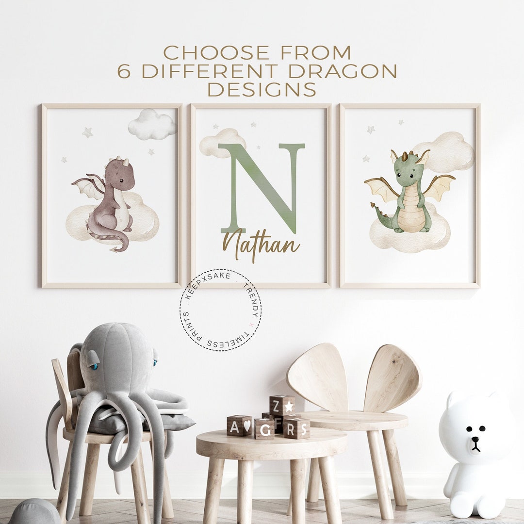 Watercolor Baby Dragon Nursery Prints | Personalized Name Art (set of 3 ...