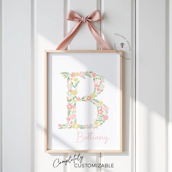Floral Initial Name Print Nursery Wall Art, Personalized Girl Letter Printable, Soft Watercolor Monogram Baby Girl Room Decor