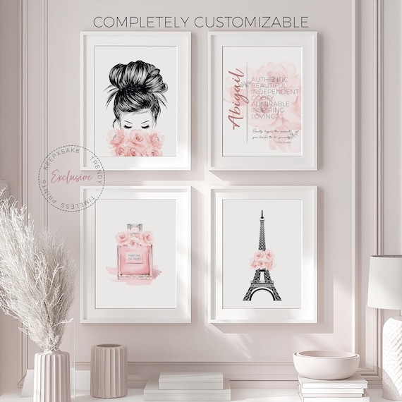 Paris Wall Art Set, Custom Name Prints — Blush Pink Fashion Decor with Eiffel Tower and Perfume Printable Wall Art