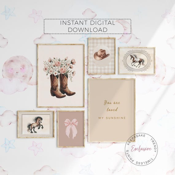 Cowgirl Nursery Prints Gallery Wall Art Set of 6 | Western Girl Room Printable Art | Vintage Floral Western Prints | Rustic Nursery Decor