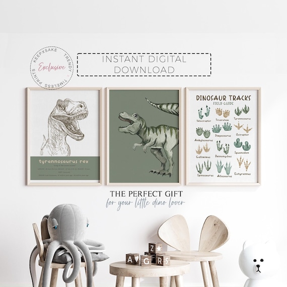 Dinosaur Bedroom Wall Art | Set of 3 Boys Bedroom Dino Decor | TRex Dinosaur Poster Prints | Tyrannosaurus Dinosaur Printable Wall Art Gift