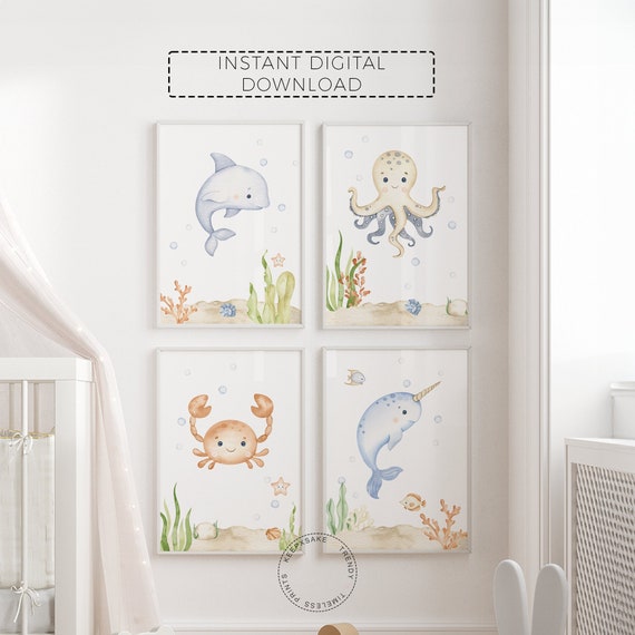 Under the Sea Nursery Prints | Octopus Dolphin Crab Printable Wall Art | Girl Nursery Prints | Coastal Sea Nursery Decor | Digital Download