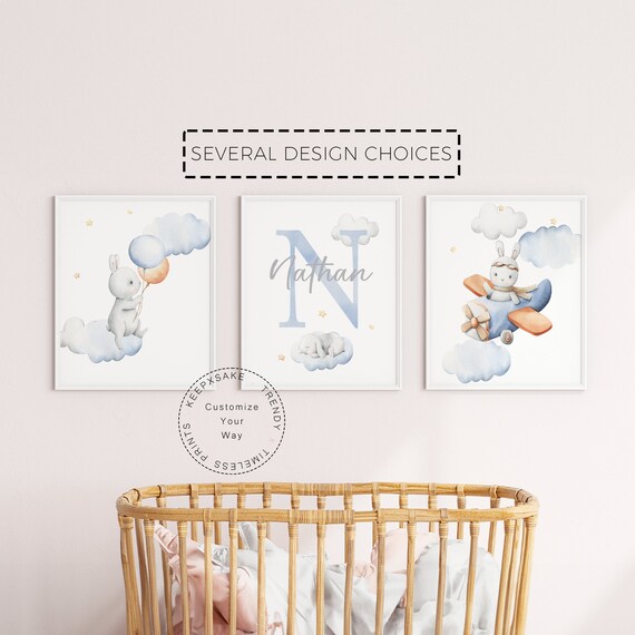 Bunny Nursery Print | Personalized Name Initial Print | Airplane Nursery Wall Decor |Bunny Balloons Stars Nursery Wall Art |Baby Boy Nursery