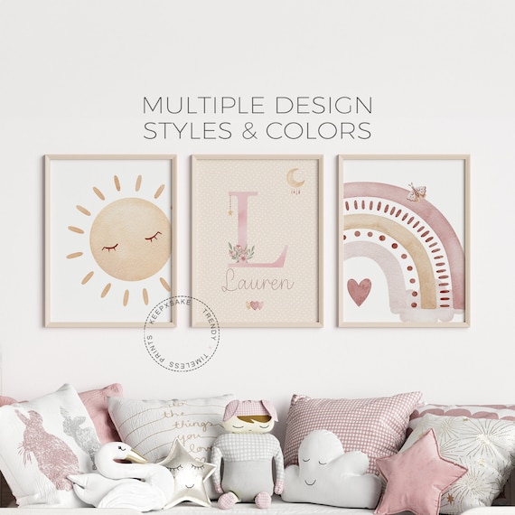 Boho Rainbow Girl Print, Personalized | Sun Rainbow Moon Nursery Wall Art| Yellow Blush Pink Nursery Decor | Toddler Girl Bedroom Print