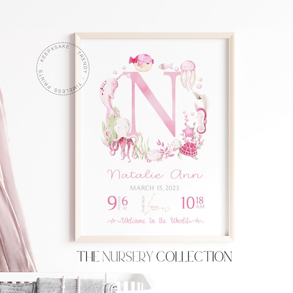 Sea Life Birth Details Print for Baby Girl | New Baby Girl Gift | Under the Sea Nursery Print | Birth Stats Print | Blush Pink Nursery Decor