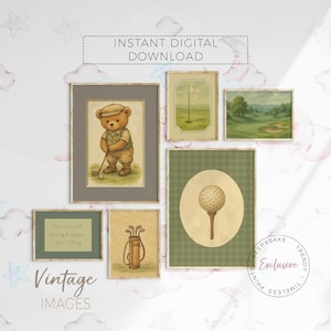 Vintage Teddy Bear Golfer Nursery Art: Sage Green Decor (Set of 6) (Digital Download)