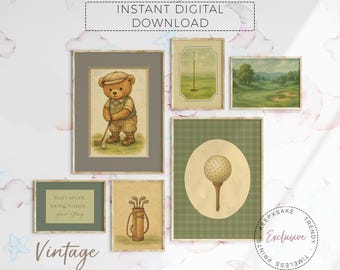 Vintage Teddybär Golfer Kinderzimmer Kunst: Salbei Grün Dekor (Set von 6) (Digitaler Download)