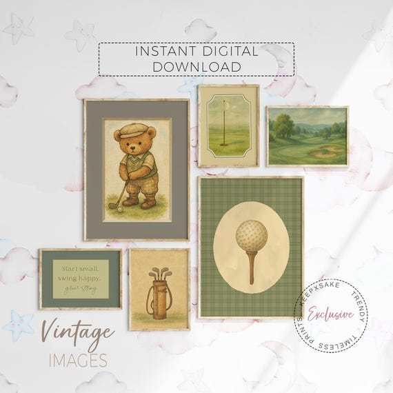 Vintage Style Teddy Bear Golf Boys Room Art | Golf Nursery Gallery Wall Art Set of 6 | Golfer Print Sports Nursery | Sage Green Beige Decor