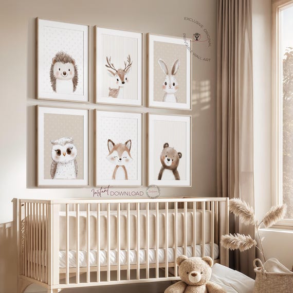 Woodland Nursery Animal Wall Art Set of 6, Neutral Baby Room Prints, Bunny Bear Deer Fox Hedgehog Owl, Printable Nursery Decor