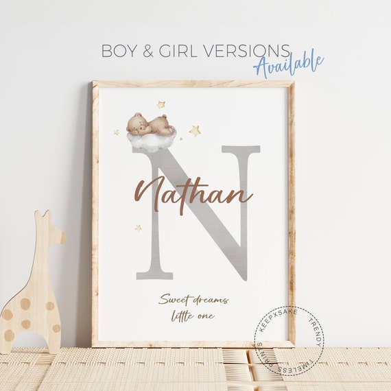 Custom Initial Print | Teddy Bear Cloud Print | Personalized Name Print | Teddy Bear Nursery Wall Art |Neutral Nursery Decor |Baby Boy Print