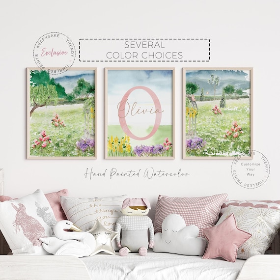 Flowers Landscape Baby Girl Wall Art | Lavender Girl Bedroom Decor |Floral Garden Personalized Prints |Watercolor Flower Field Nursery Decor