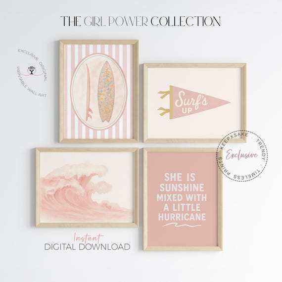 Girl Room Surfs Up Sign Gallery Set of 4 | Pink Surf Wall Art | Pink Surfboard Printable | Surf Nursery Beachy Decor | Seashell Baby Shower