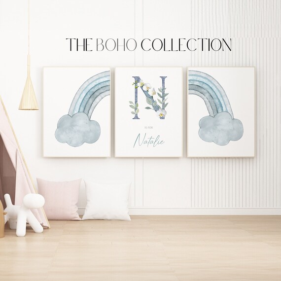 Blue Rainbow Flower Prints, Set of 3 | Girls Bedroom Prints | Flower Nursery Wall Art | Name Initial Print | Floral Rainbow Teal Decor