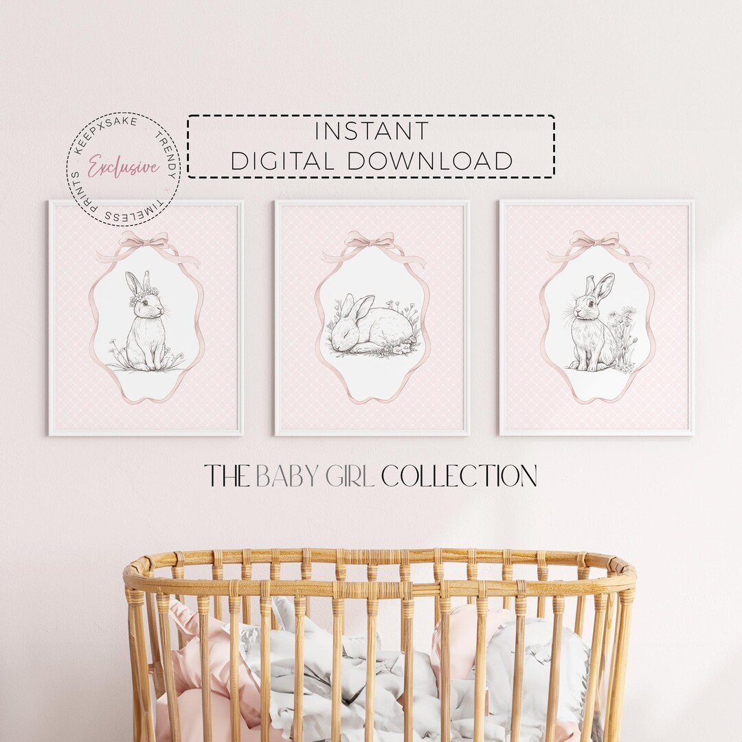 Cottagecore Bunny Prints – Pink Nursery Wall Art, Woodland Trio ...