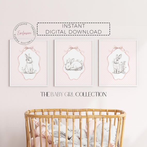 Cottagecore Bunny Nursery Wall Art – Baby Girl Room Decor, Pink Vintage Rabbit Prints, Pastel Woodland Illustrated Printable Bunny Trio