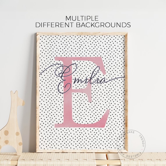 Personalized Initial Name Print | Polka Dot Nursery Wall Art | Girls Bedroom Wall Decor | Baby Girl Nursery Art |Black Pink Dots Name Print