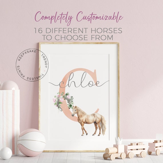 Horse Personalized Name Print | Floral Horse Letter Initial Printable Wall Art | Girls Room Decor | Birth Poste | Digital Download