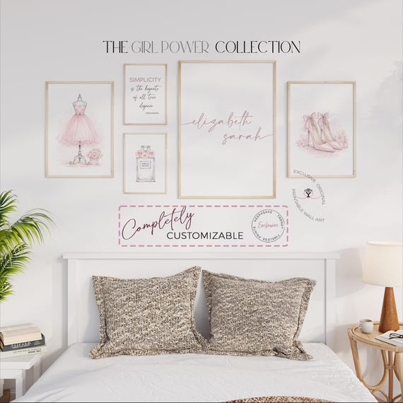 Personalized Teen Girl Wall Art, Teen Fashion Bedroom Decor with Quote, Custom Name Prints, Pink Girly Gallery Set of 5