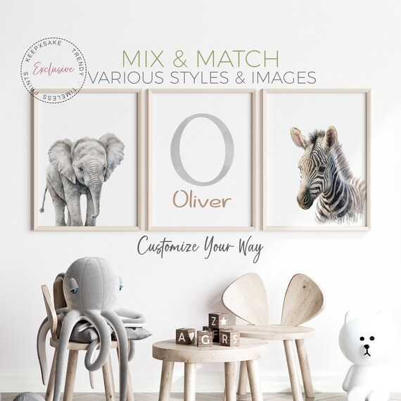 Safari Nursery Prints | Safari Baby Animal Prints | Safari Nursery Wall Art | Name Initial Sign |Kids Jungle Room Art |Neutral Nursery Decor