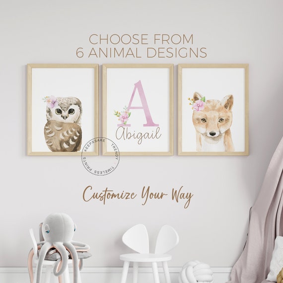 Safari Woodland Nursery Decor | Baby Girls Nursery Prints | Baby Animal Nursery | Pink Flowers Floral Nursery Prints |Woodland Nursery Decor