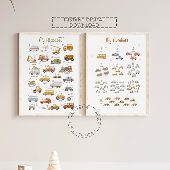 Transport Alphabet and Numbers Prints |Vehicles ABC Print |Classroom Learning Poster |Boy Nursery Decor |PlayRoom Wall Art |Digital Download