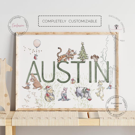 Christmas Winnie The Pooh Nursery Name Print | Xmas Pooh and Friends Personalized Name Print | New Baby Custom Gift | Pooh Christmas Gift