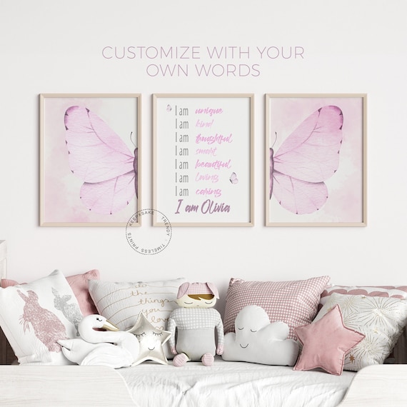 Girls Affirmation Prints | Girls Bedroom Prints | Blush Pink Butterfly Prints, Set of 3 |Motivational Bedroom Decor |I Am Butterfly Wall Art