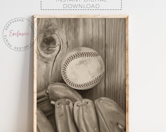 Vintage Baseball Wall Art Print – Sepia Watercolor Sports Decor, Classic Baseball Mitt & Ball Illustration for Boys Room or Nursery